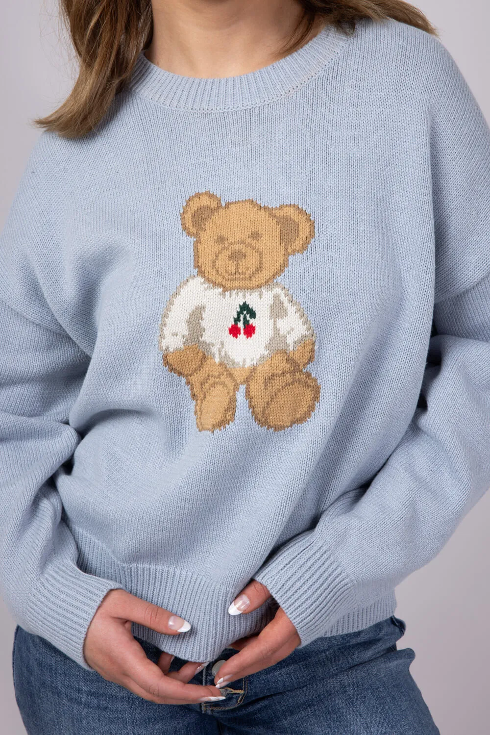 Bear Cherry Crewneck Sweater for Women in Light Blue | IWT5160-1-LTBLUE