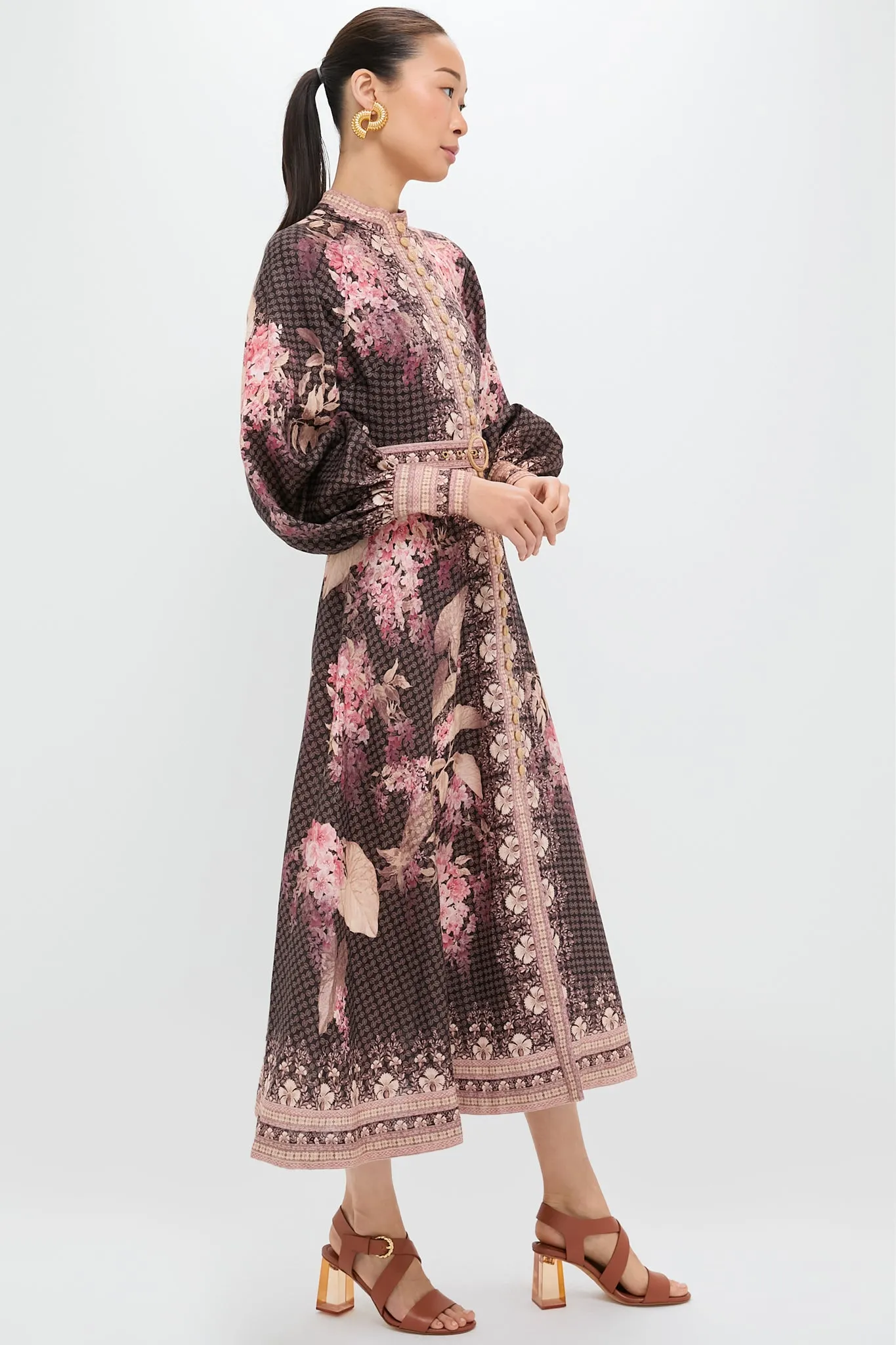 Black Floral Illuminate Buttoned Midi Dress