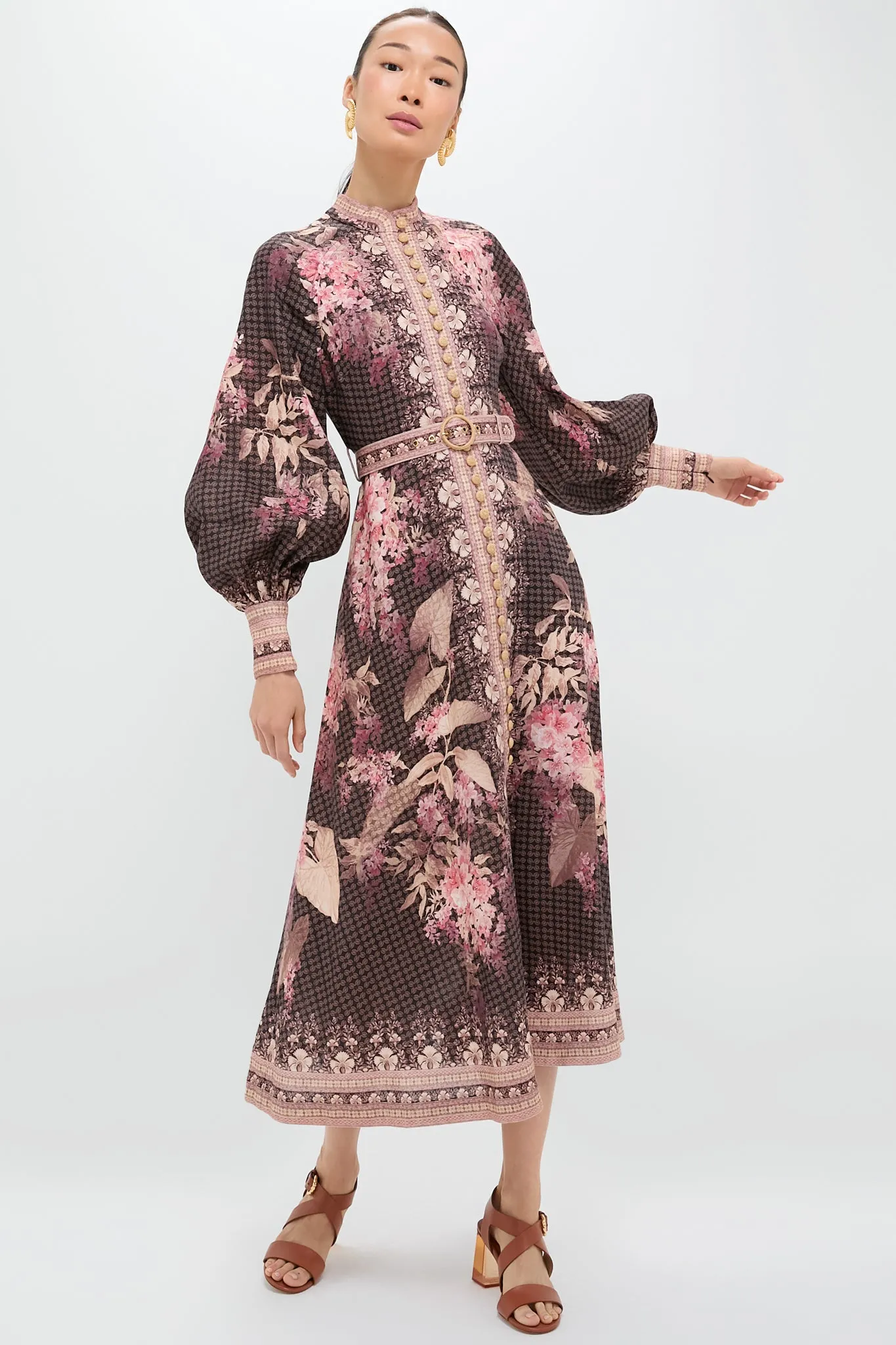 Black Floral Illuminate Buttoned Midi Dress