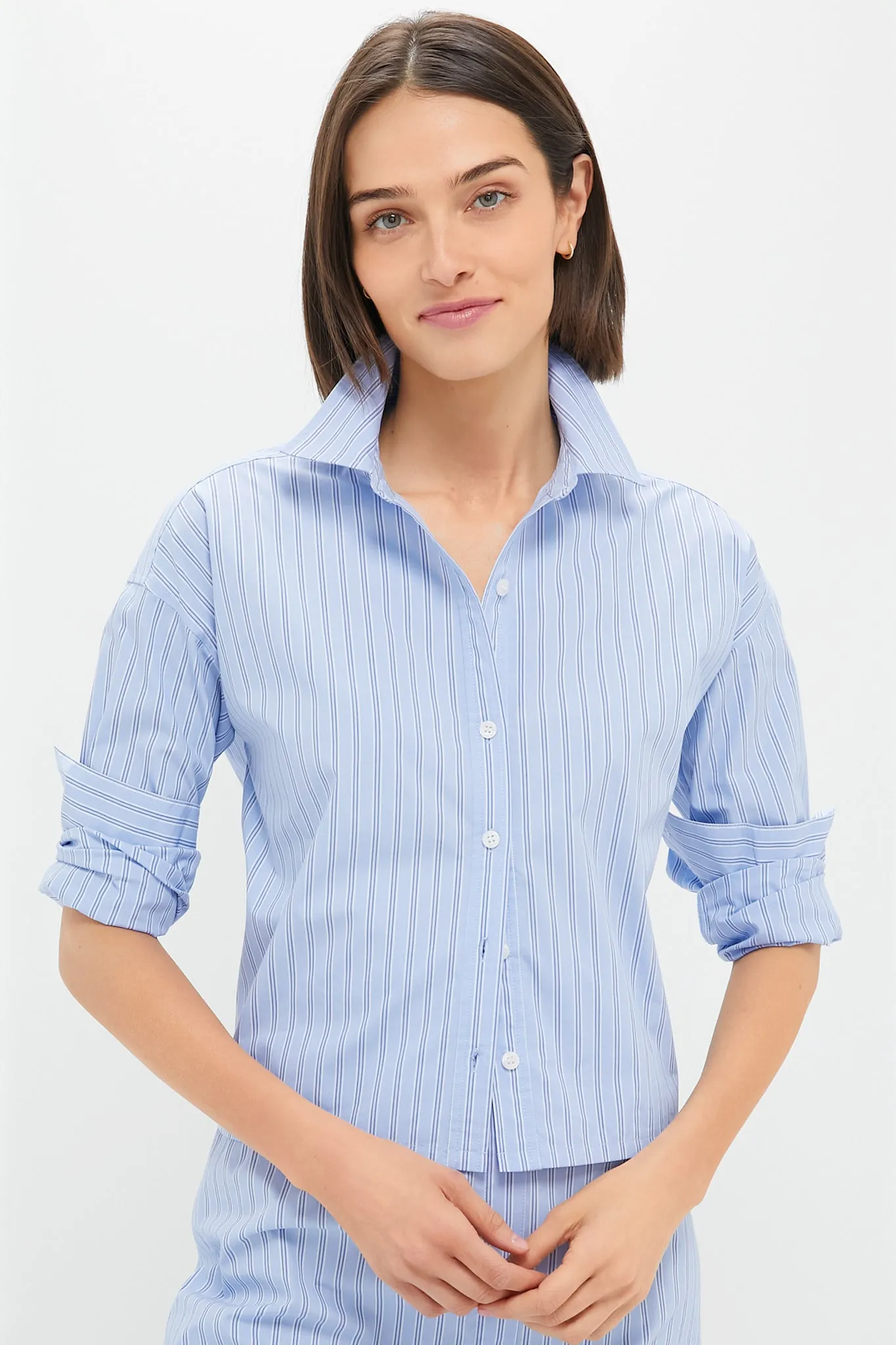 Blue and White Stripe Cropped Jasper Button Down