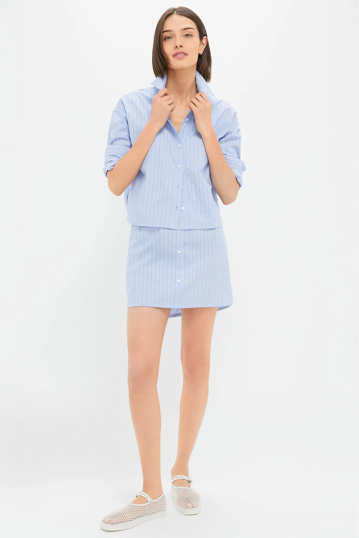 Blue and White Stripe Cropped Jasper Button Down