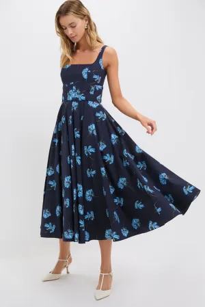 Blue Flowers on Navy Mona Midi Dress