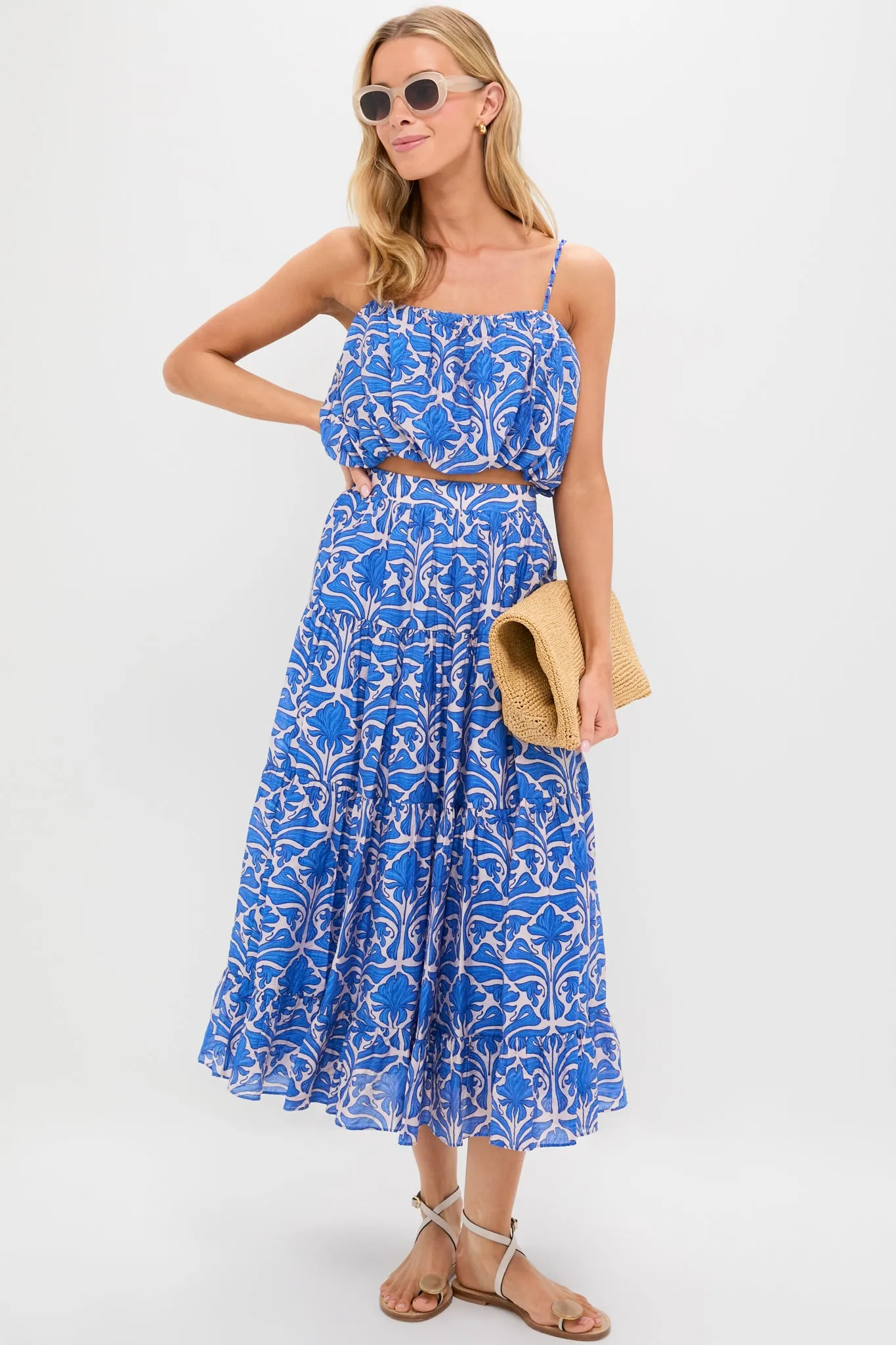 Blue Geometric Floral Porto Midi Skirt