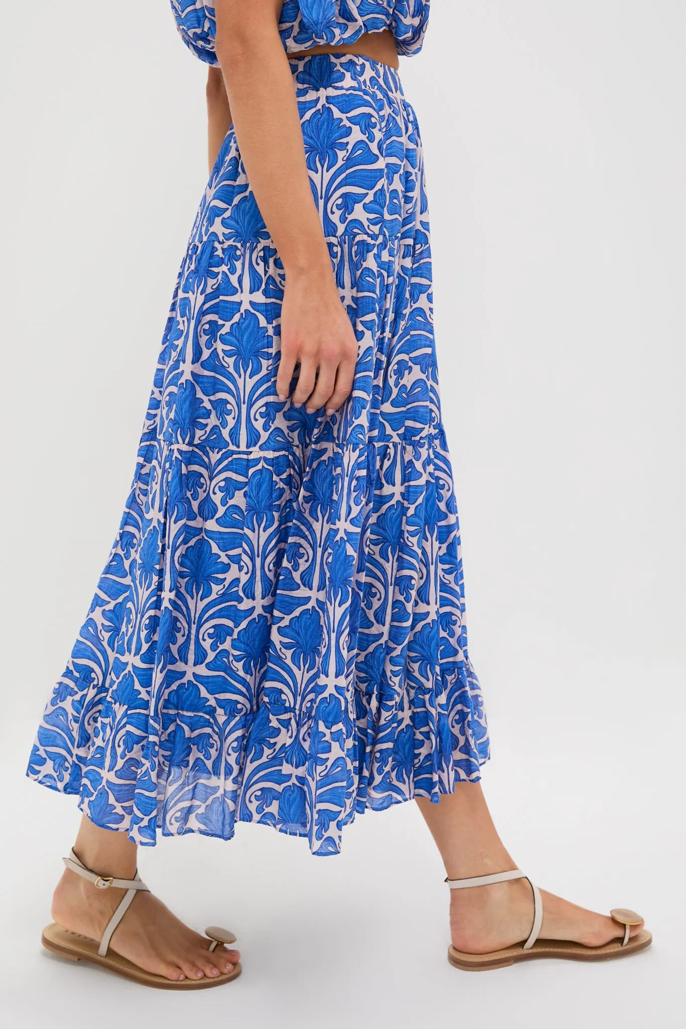 Blue Geometric Floral Porto Midi Skirt