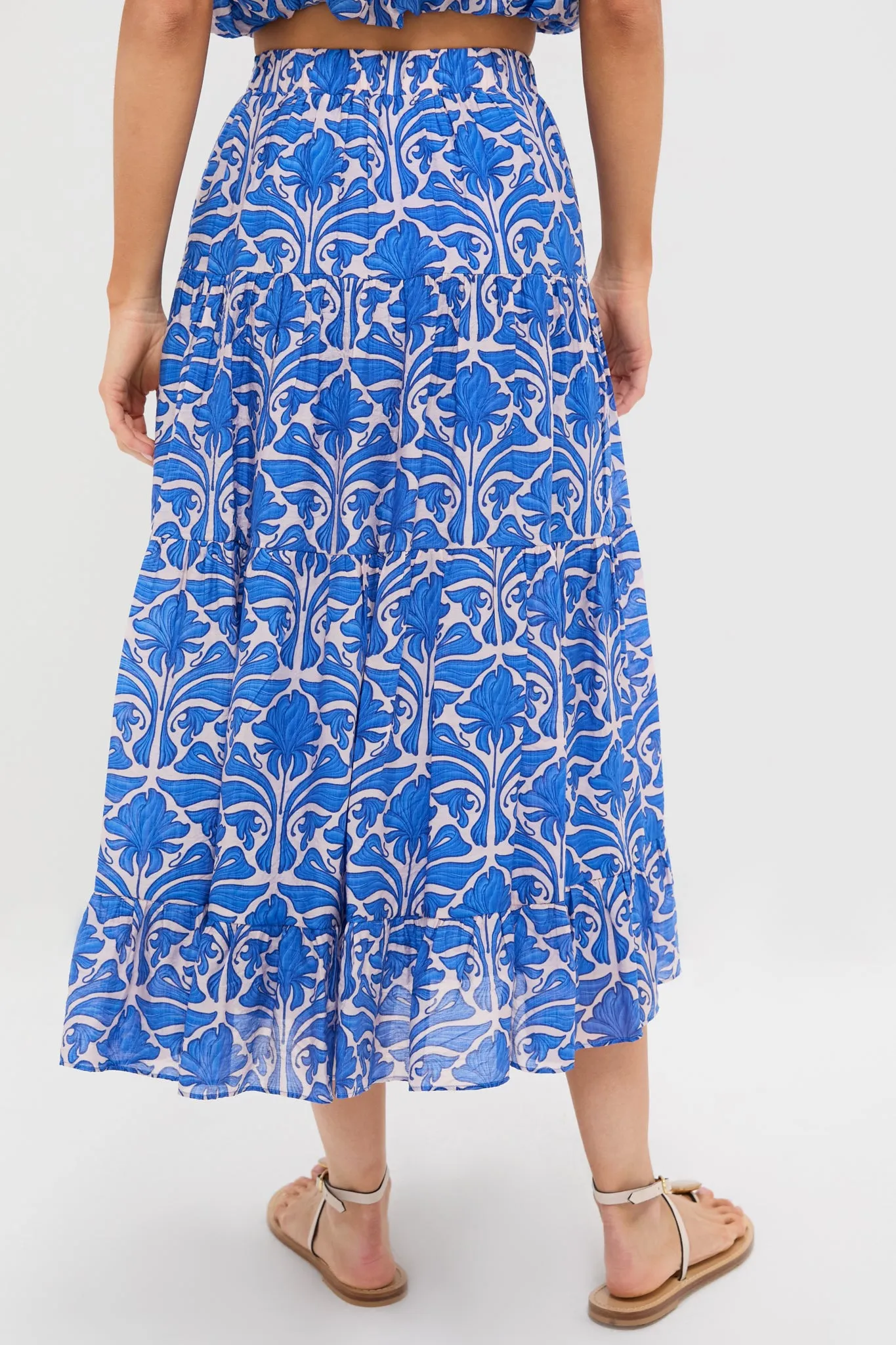 Blue Geometric Floral Porto Midi Skirt