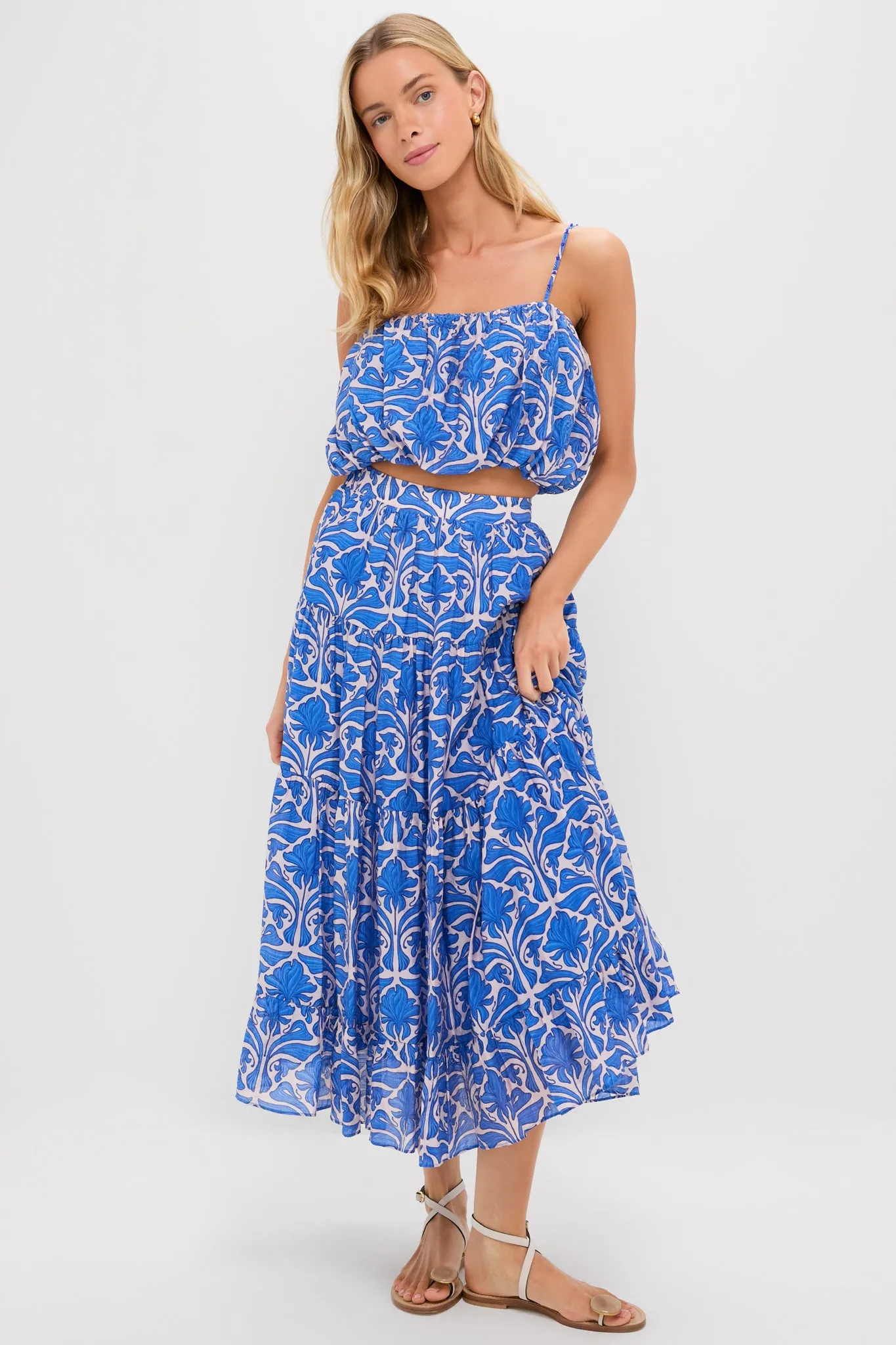 Blue Geometric Floral Porto Midi Skirt