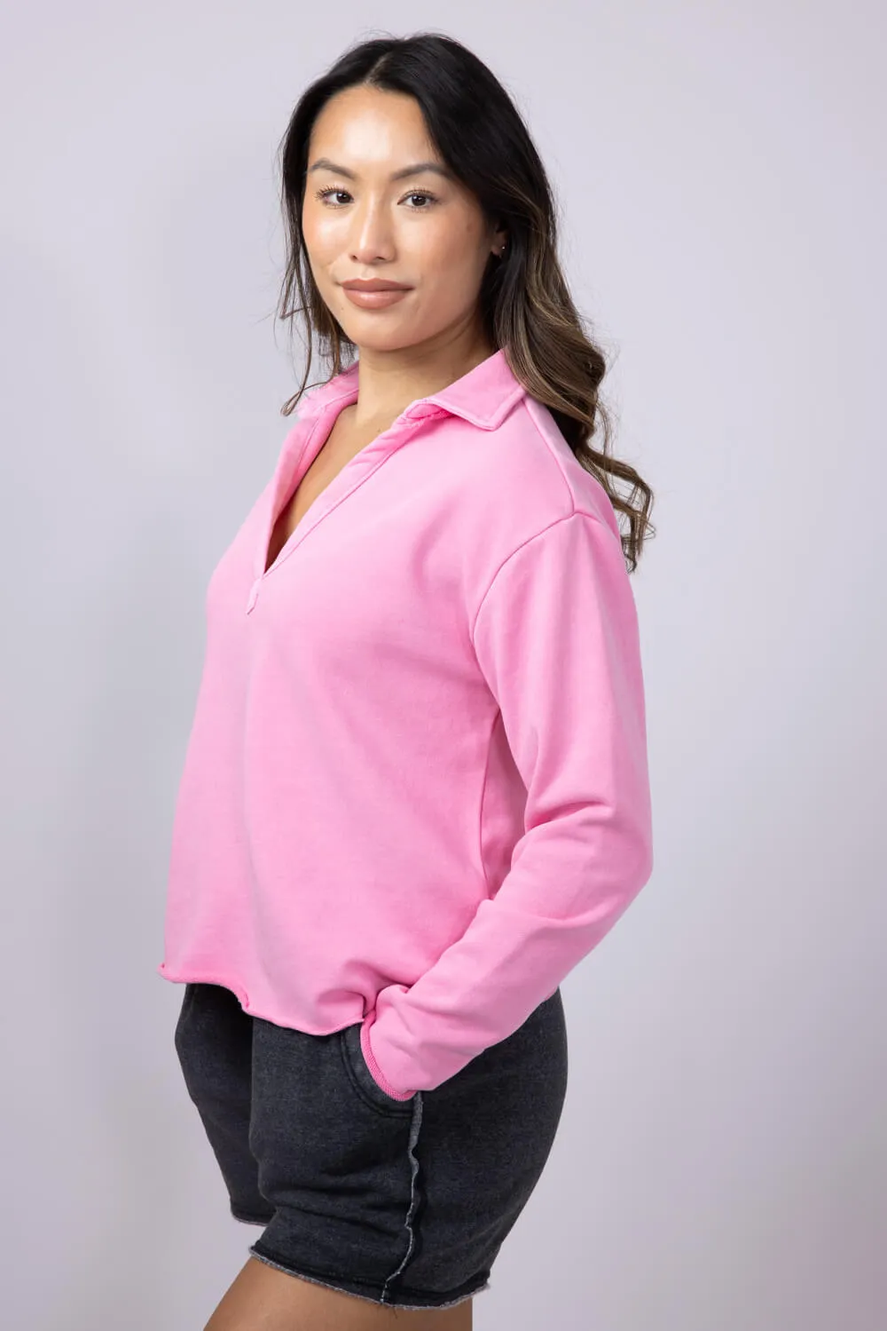 C&C California Samantha Collared Sunwashed French Terry Pullover for Women in Pink | 89B03123-PINK