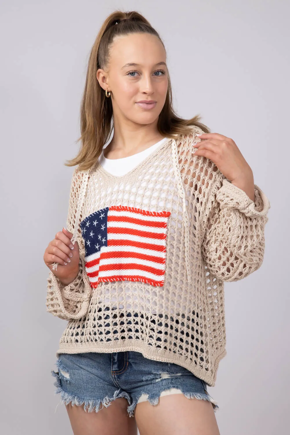 Crochet American Flag Hooded Sweater for Women in Beige | UST319-BEIGE