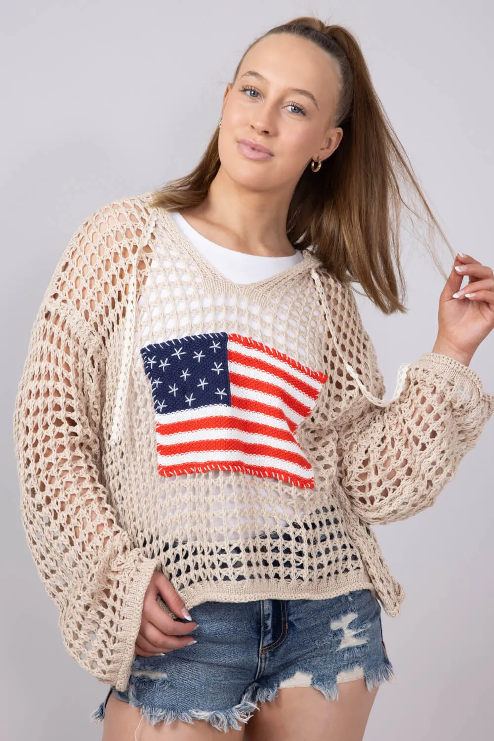 Crochet American Flag Hooded Sweater for Women in Beige | UST319-BEIGE