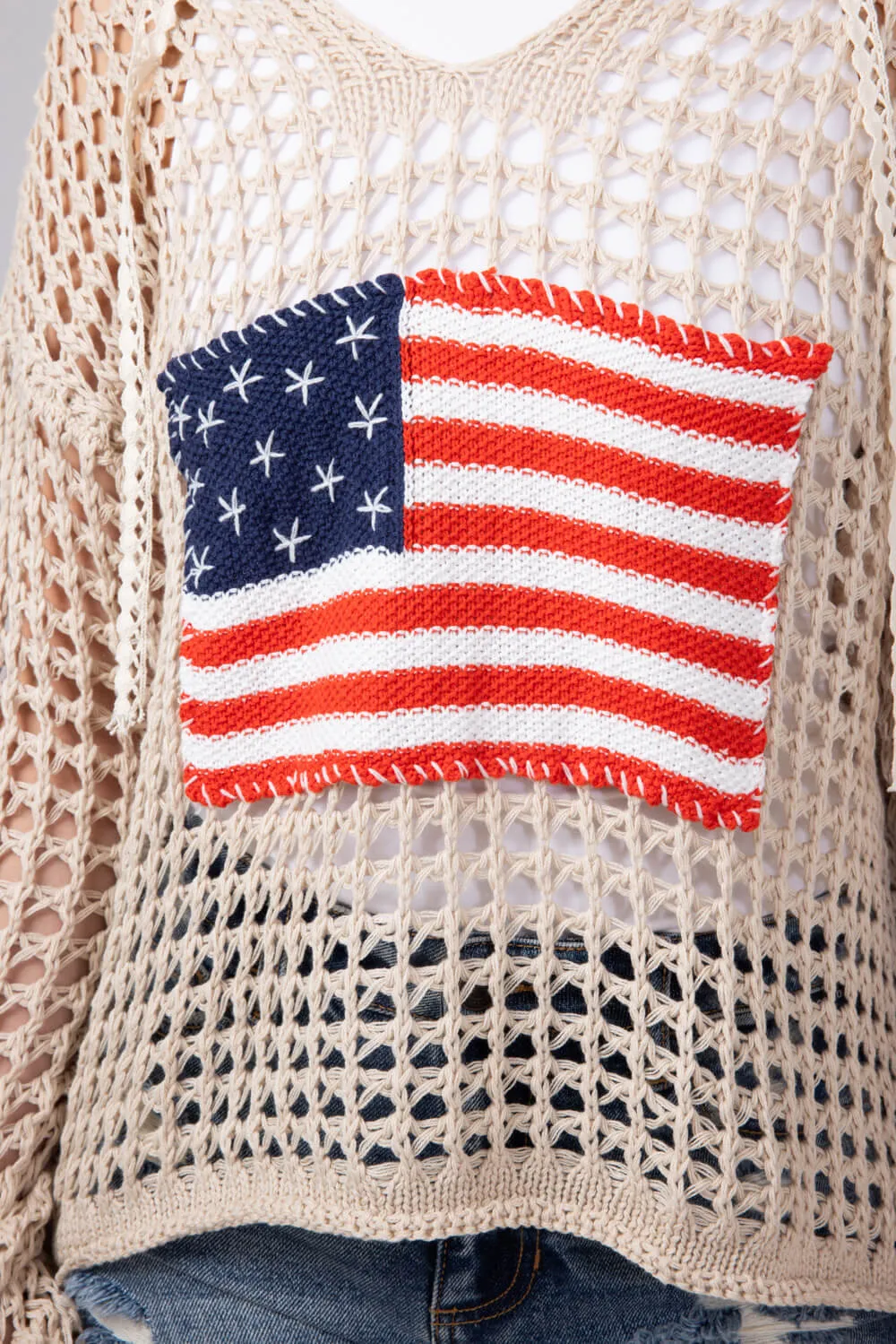 Crochet American Flag Hooded Sweater for Women in Beige | UST319-BEIGE