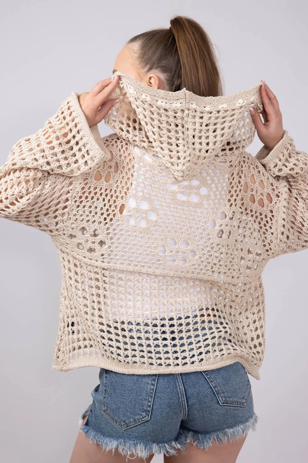 Crochet American Flag Hooded Sweater for Women in Beige | UST319-BEIGE