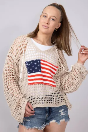 Crochet American Flag Hooded Sweater for Women in Beige | UST319-BEIGE