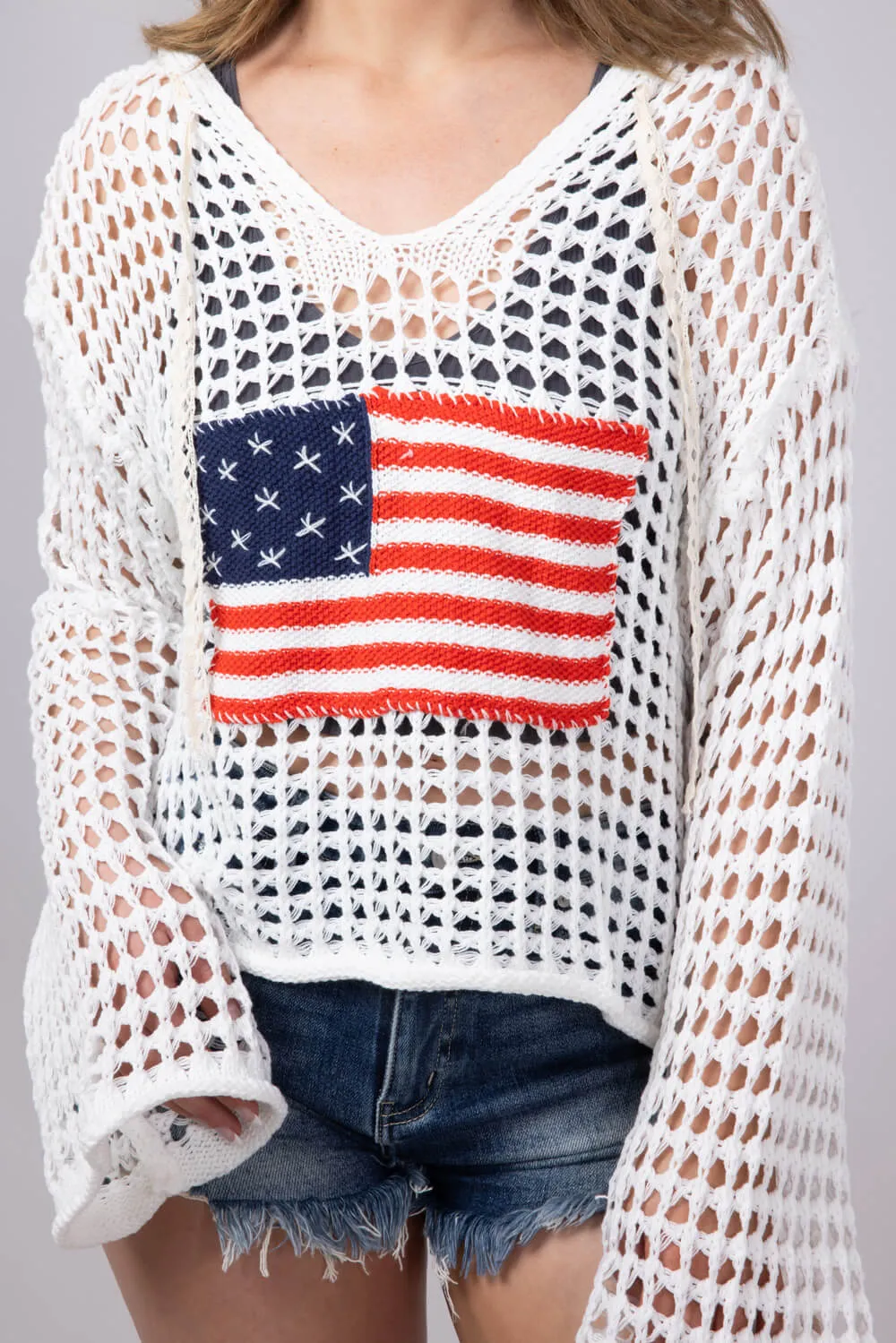Crochet American Flag Hooded Sweater for Women in Ivory | UST319-IVORY
