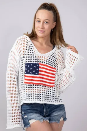 Crochet American Flag Hooded Sweater for Women in Ivory | UST319-IVORY