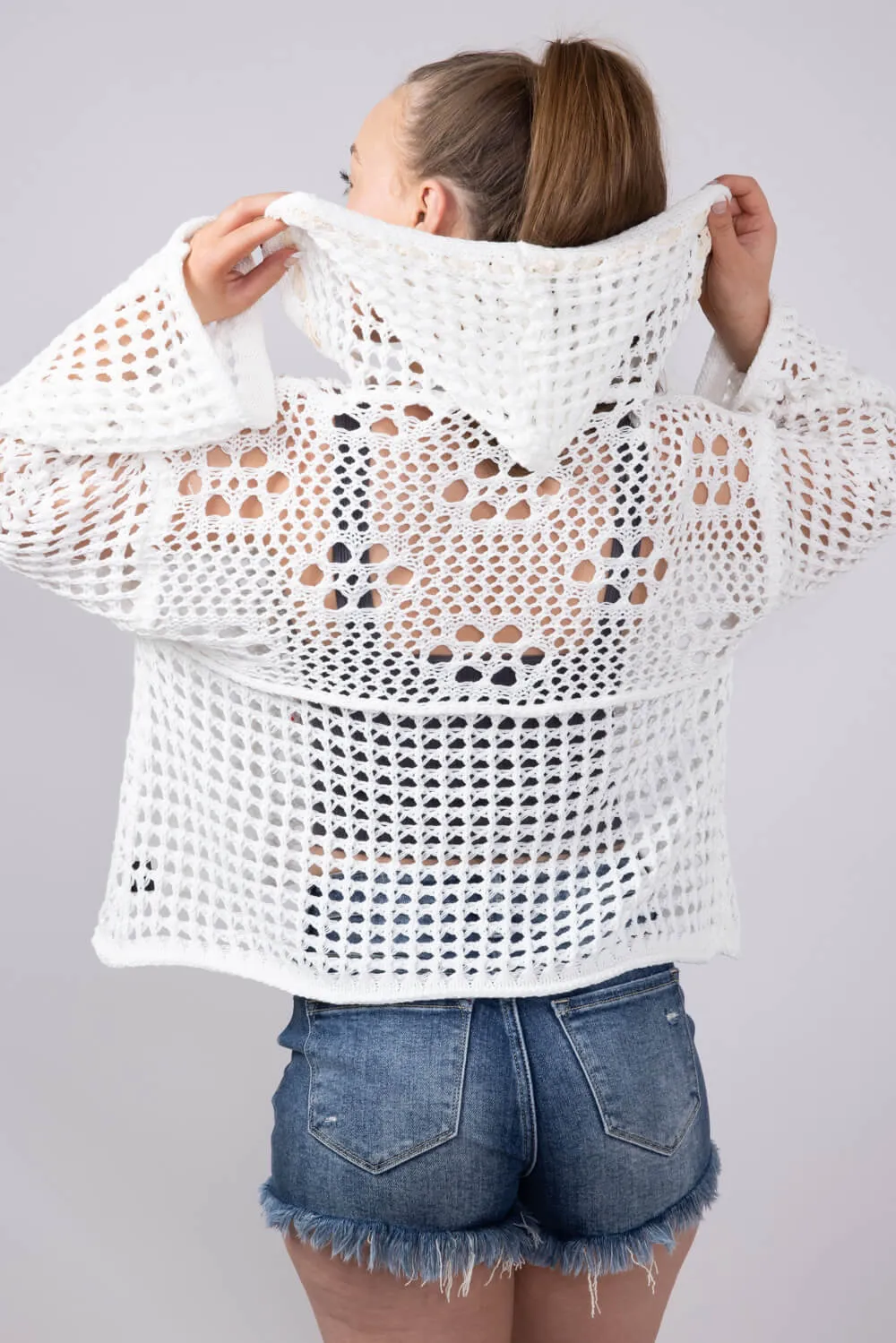 Crochet American Flag Hooded Sweater for Women in Ivory | UST319-IVORY