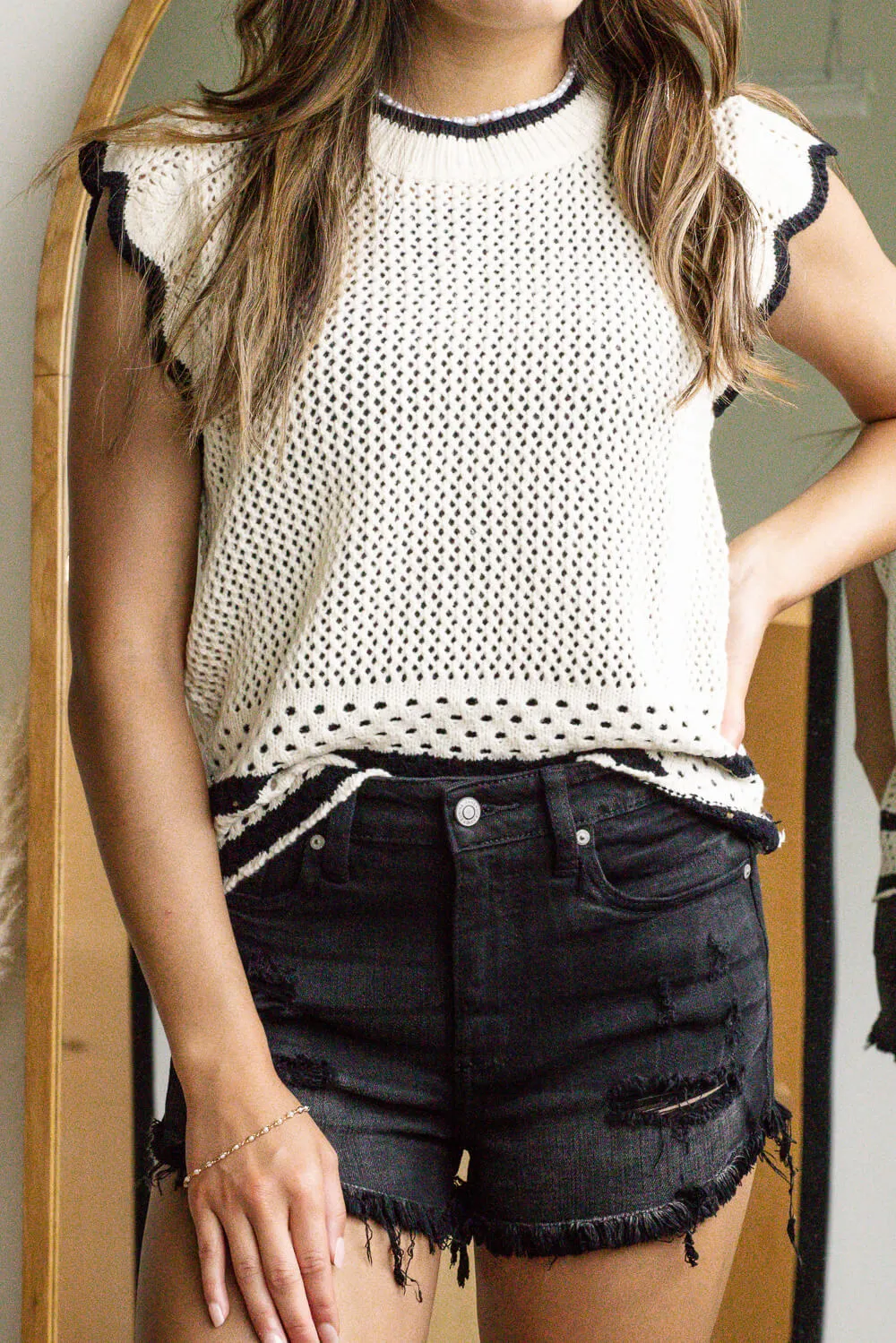 Crochet Flutter Sleeve Sweater Top for Women in White/Black | GWT1054-WHITEBLACK