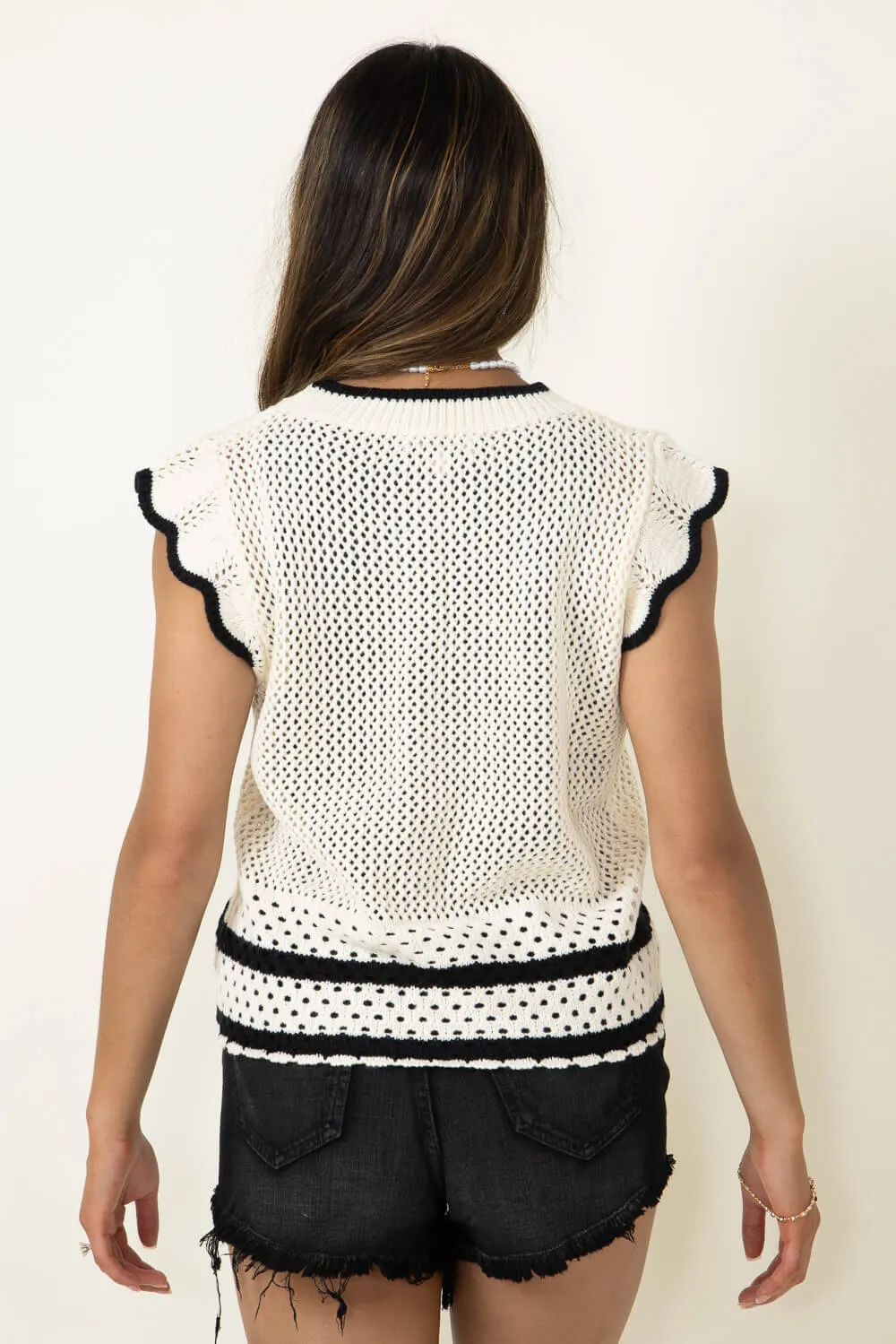 Crochet Flutter Sleeve Sweater Top for Women in White/Black | GWT1054-WHITEBLACK