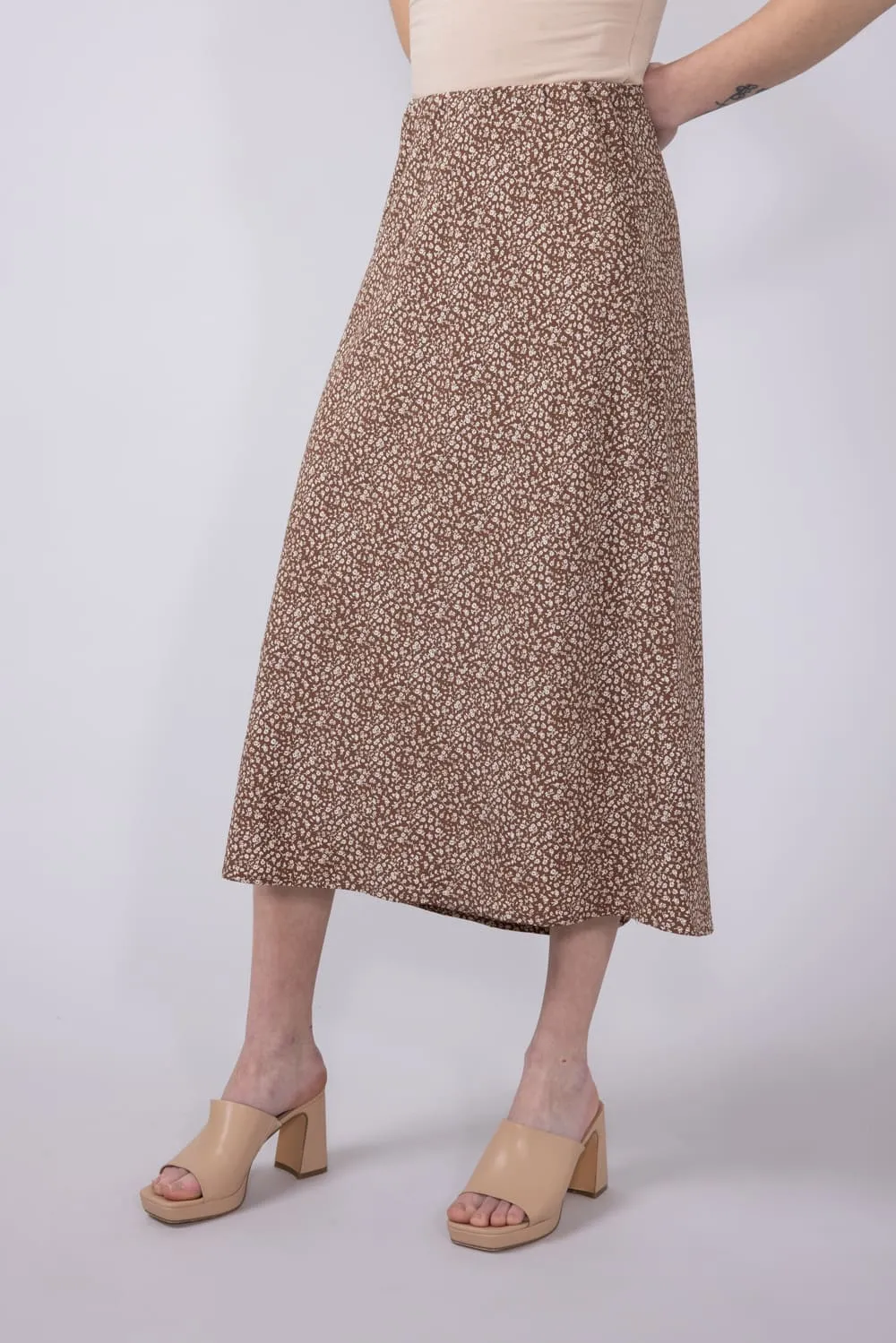 Ditsy Floral Midi Skirt for Women in Mocha | 71063-MOCHA