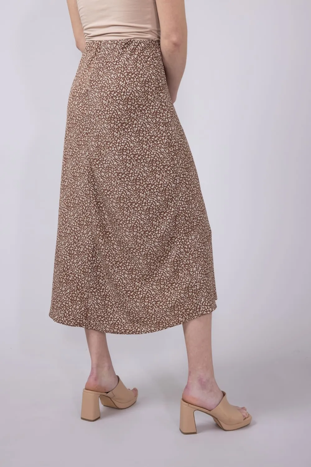 Ditsy Floral Midi Skirt for Women in Mocha | 71063-MOCHA