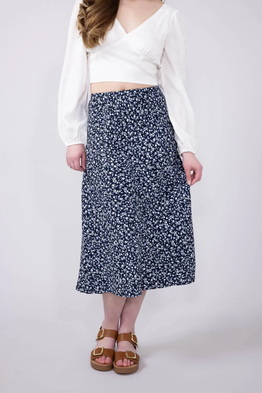 Ditsy Floral Midi Skirt for Women in Navy | 71063-NAVY