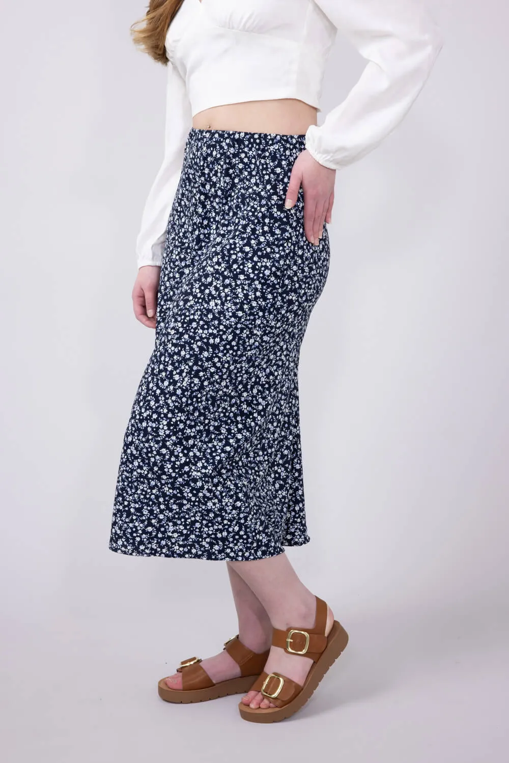 Ditsy Floral Midi Skirt for Women in Navy | 71063-NAVY