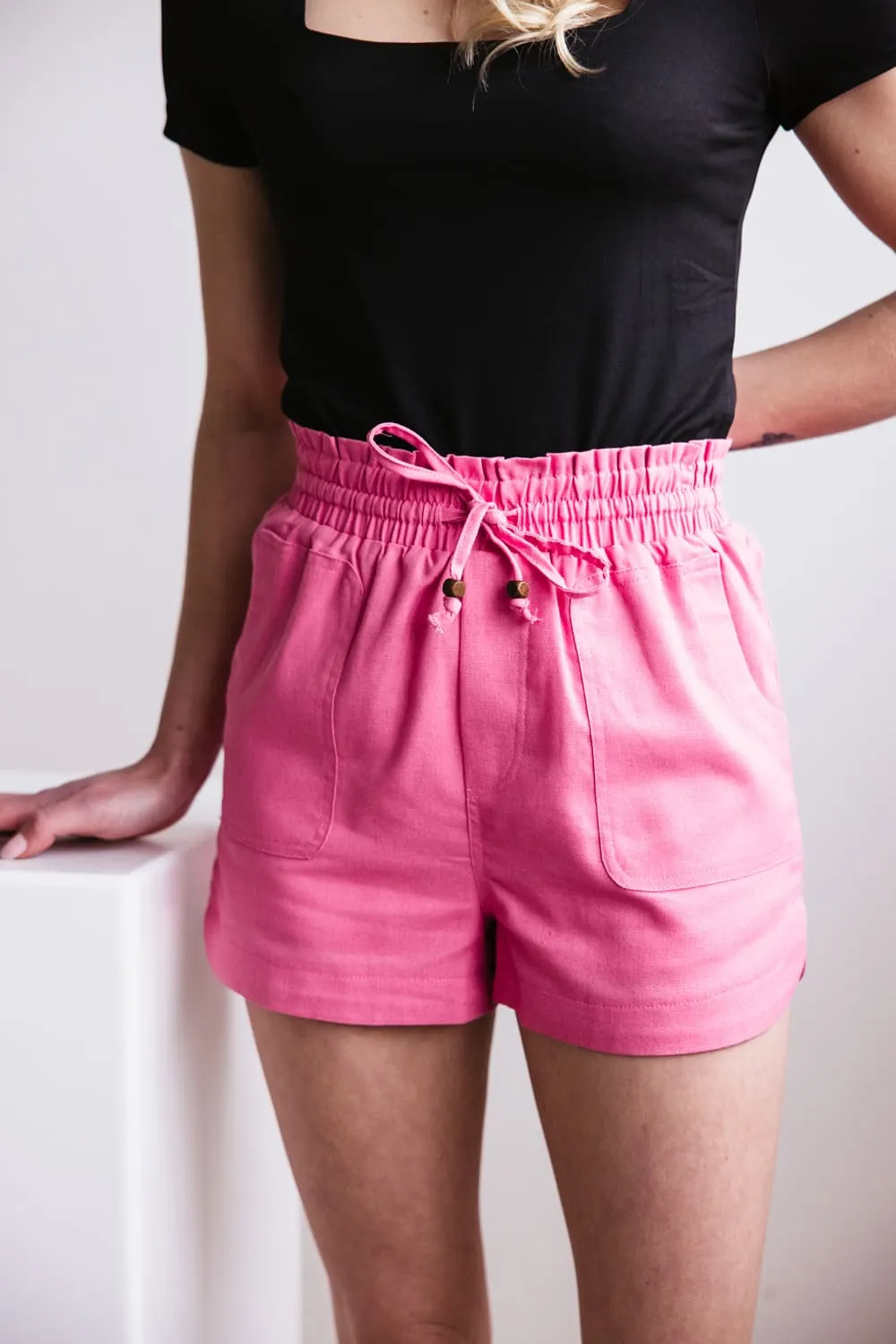 Elastic Waist Linen Shorts for Women in Hot Pink | NP70478-HOTPINK