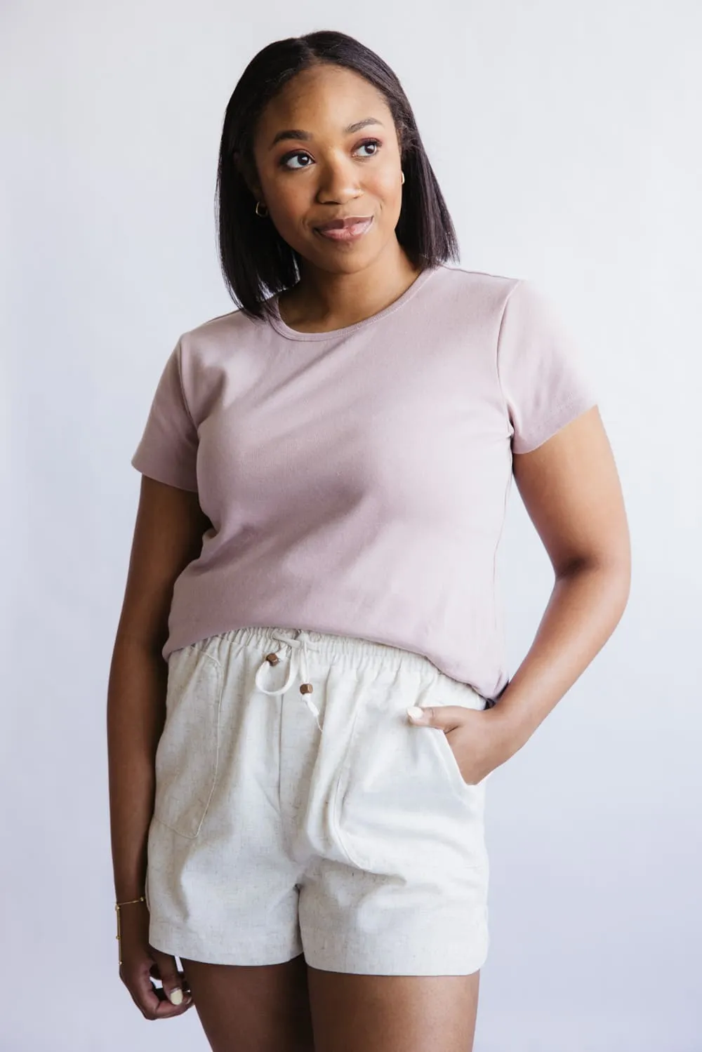 Elastic Waist Linen Shorts for Women in Oatmeal | NP70478-OATMEAL