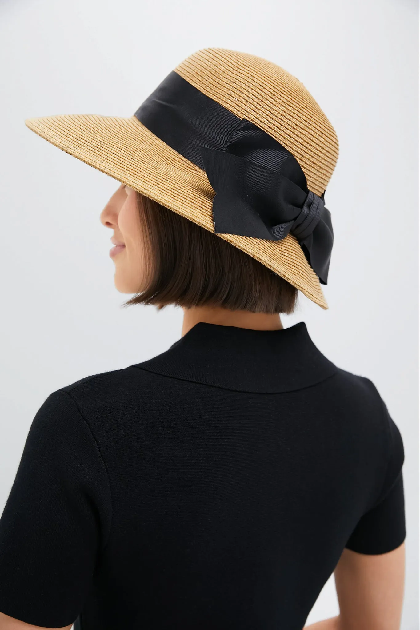 Exclusive Black Packable Wide Bow Sunhat
