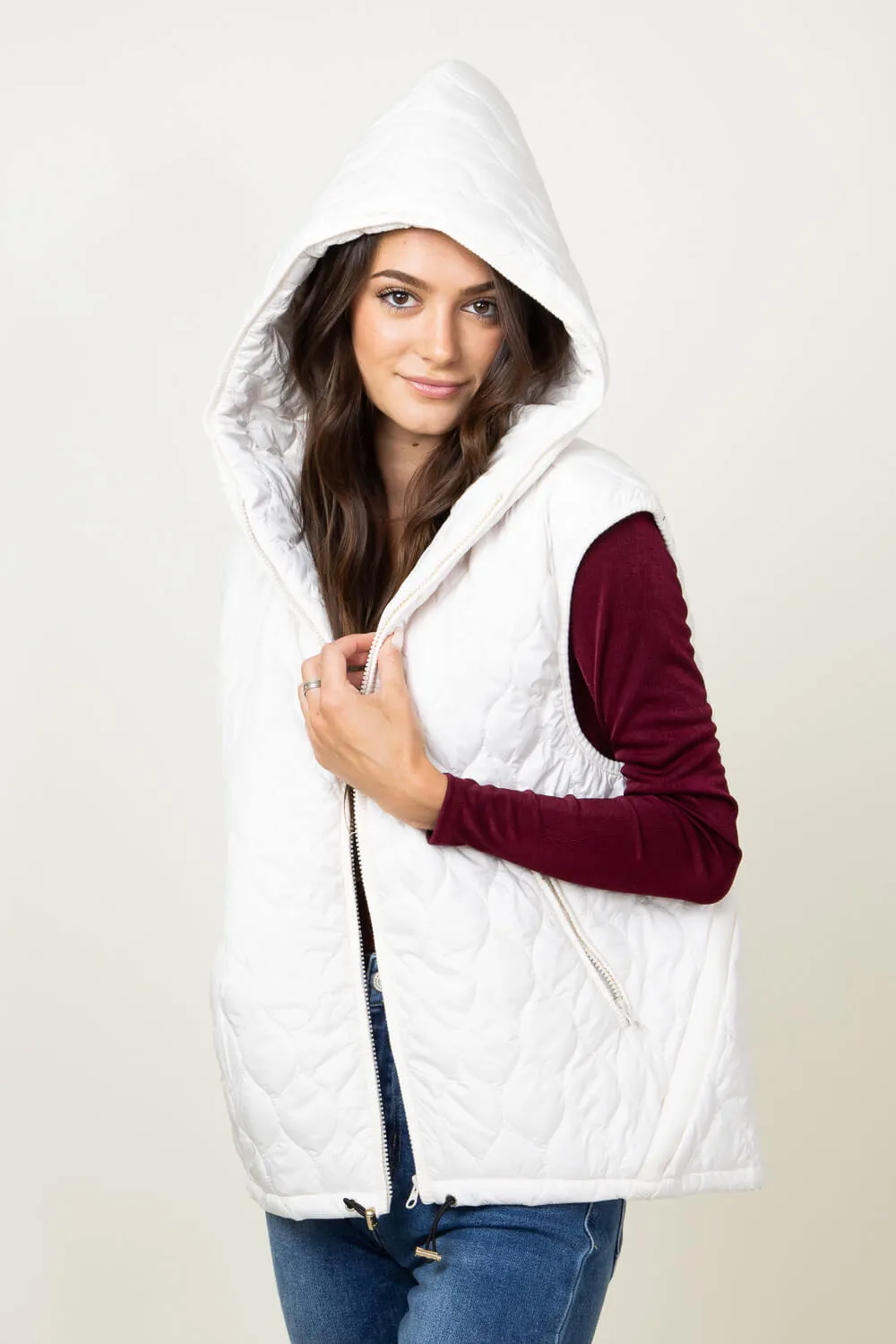 Hooded Quilted Zipper Puffer Vest for Women in Beige | IV413-BEI