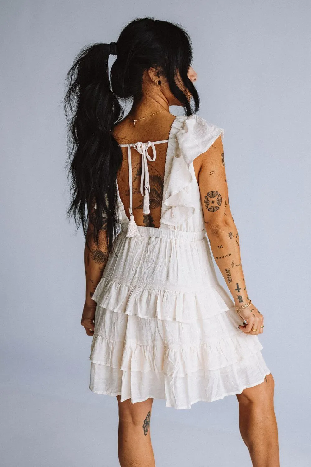 Hyfve Tiered Ruffle Back Tie Dress for Women in White | HF23A681-OFFWHT