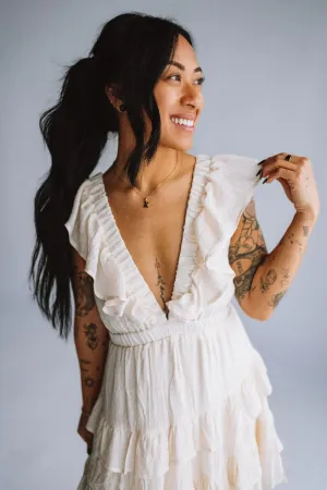 Hyfve Tiered Ruffle Back Tie Dress for Women in White | HF23A681-OFFWHT