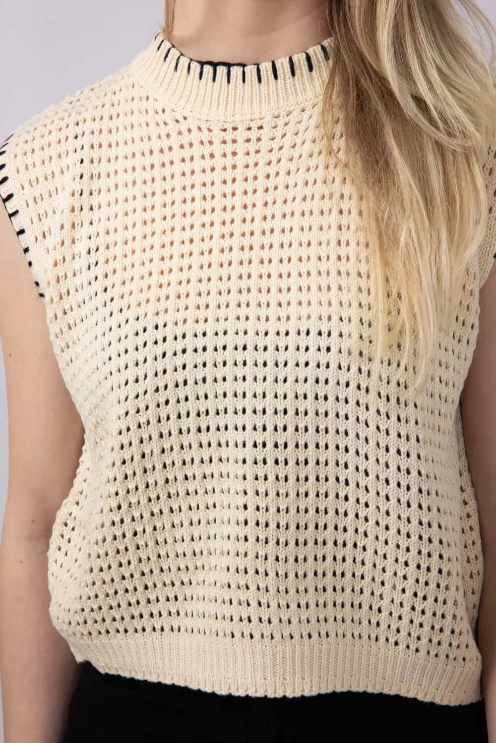La Miel Crochet Knit Sleeveless Sweater for Women in Beige | MDS3597-COCONUT