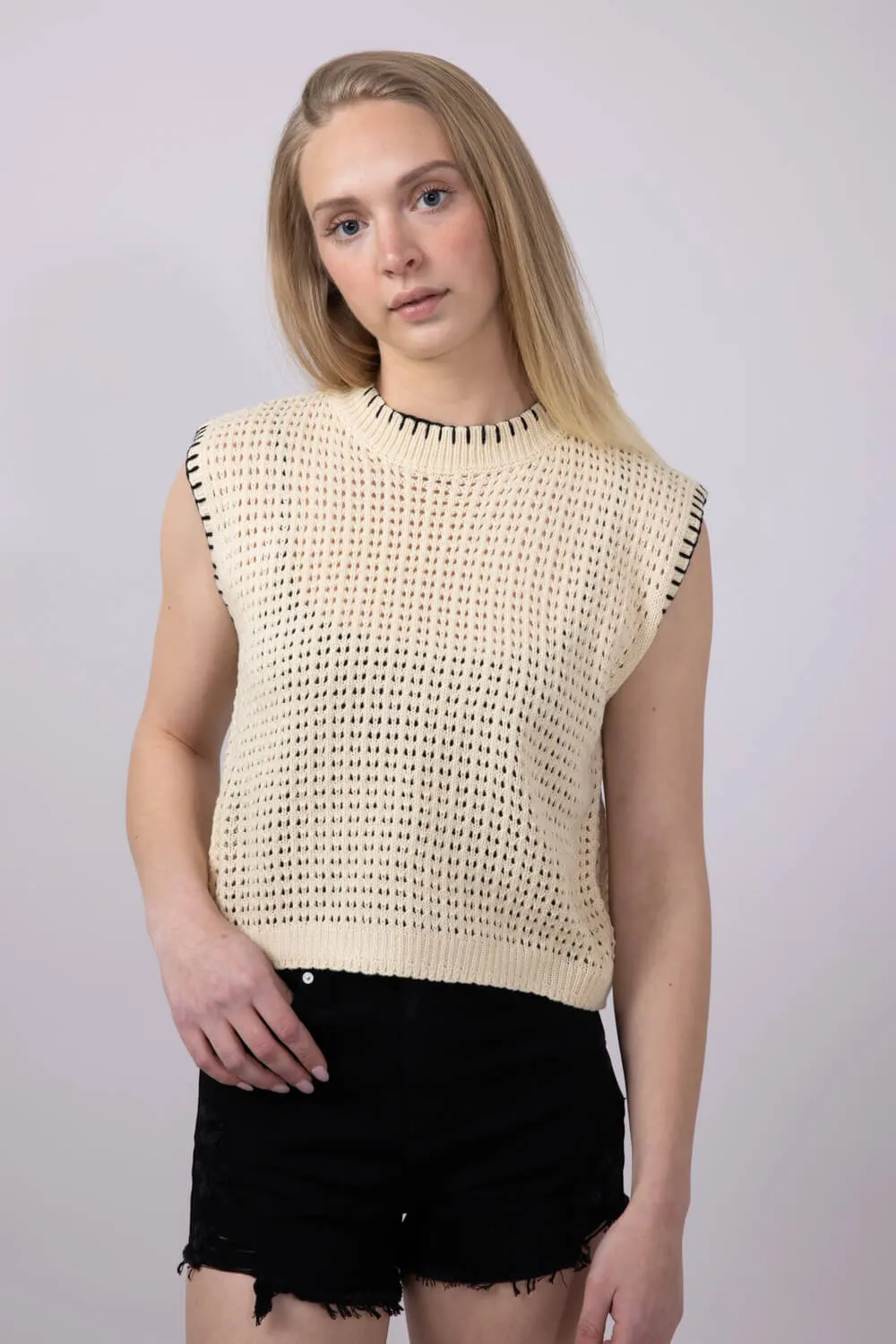 La Miel Crochet Knit Sleeveless Sweater for Women in Beige | MDS3597-COCONUT