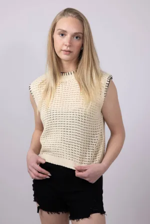 La Miel Crochet Knit Sleeveless Sweater for Women in Beige | MDS3597-COCONUT