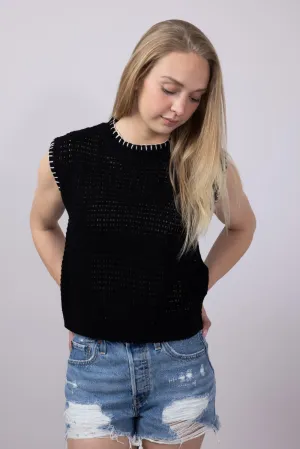 La Miel Crochet Knit Sleeveless Sweater for Women in Black | MDS3597-ONYX