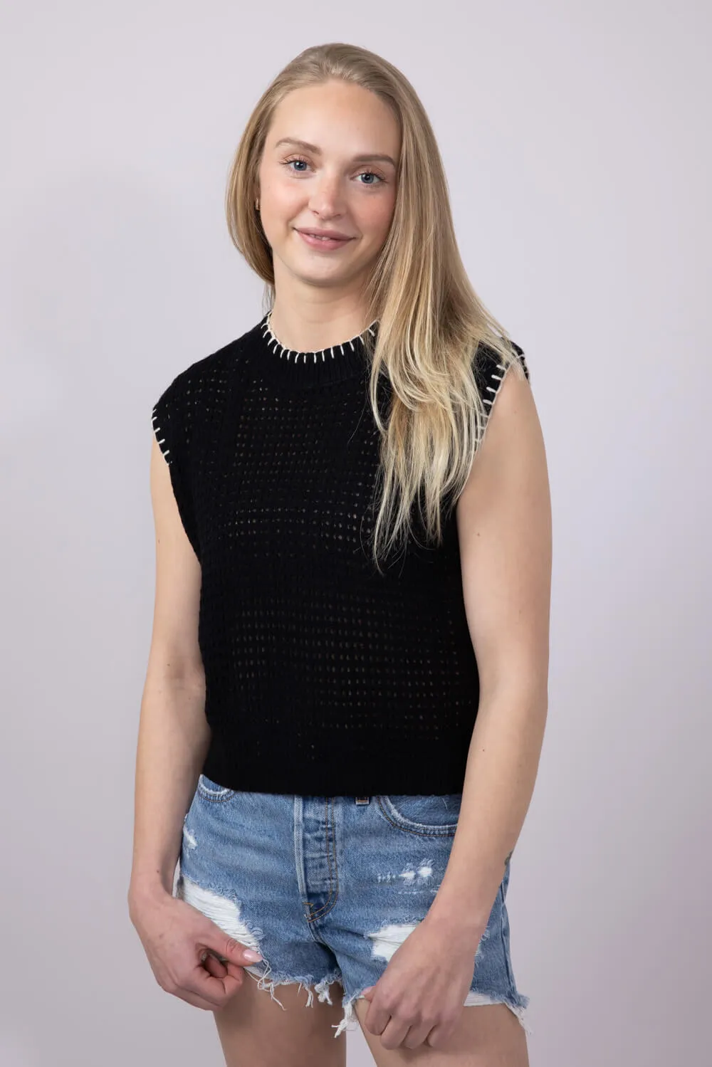 La Miel Crochet Knit Sleeveless Sweater for Women in Black | MDS3597-ONYX