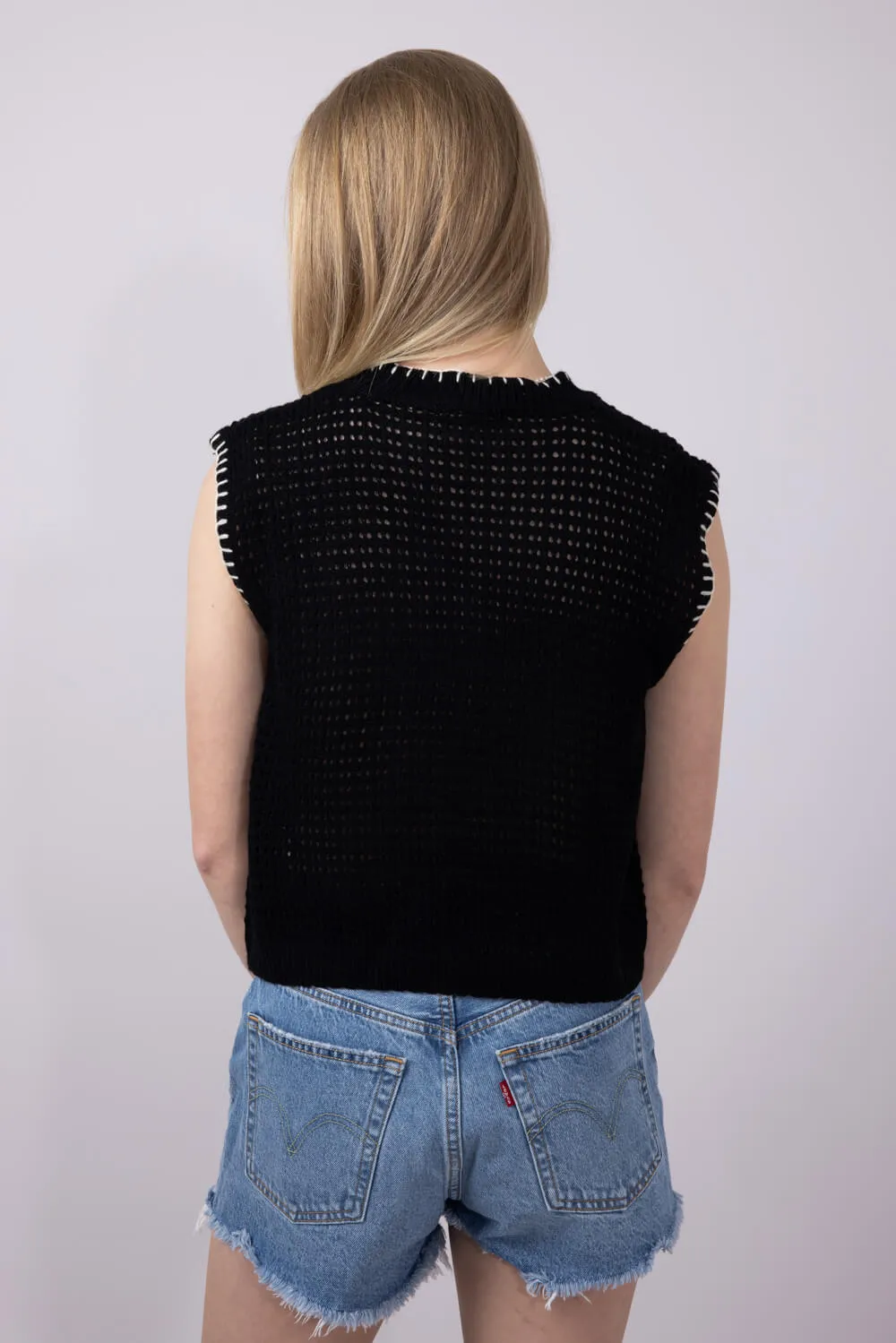La Miel Crochet Knit Sleeveless Sweater for Women in Black | MDS3597-ONYX