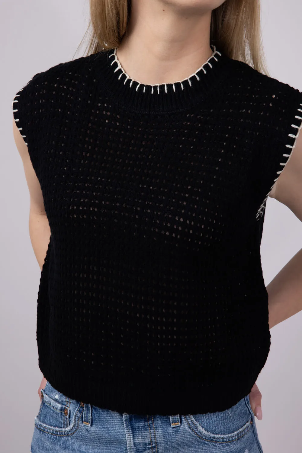 La Miel Crochet Knit Sleeveless Sweater for Women in Black | MDS3597-ONYX
