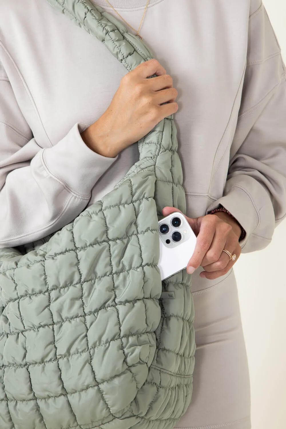 Large Quilted Puffer Carryall Bag for Women in Sage | QBS320125-SAGE