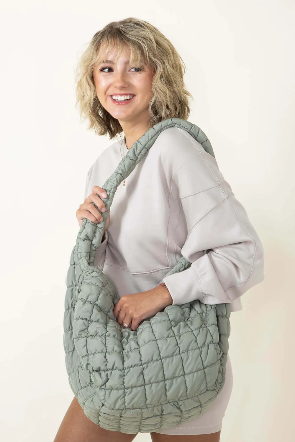 Large Quilted Puffer Carryall Bag for Women in Sage | QBS320125-SAGE