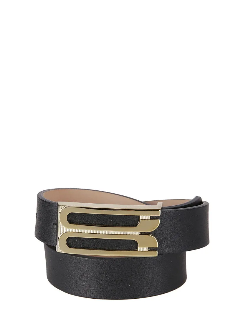 Leather Belt With Distinctive Gold Logo Buckle