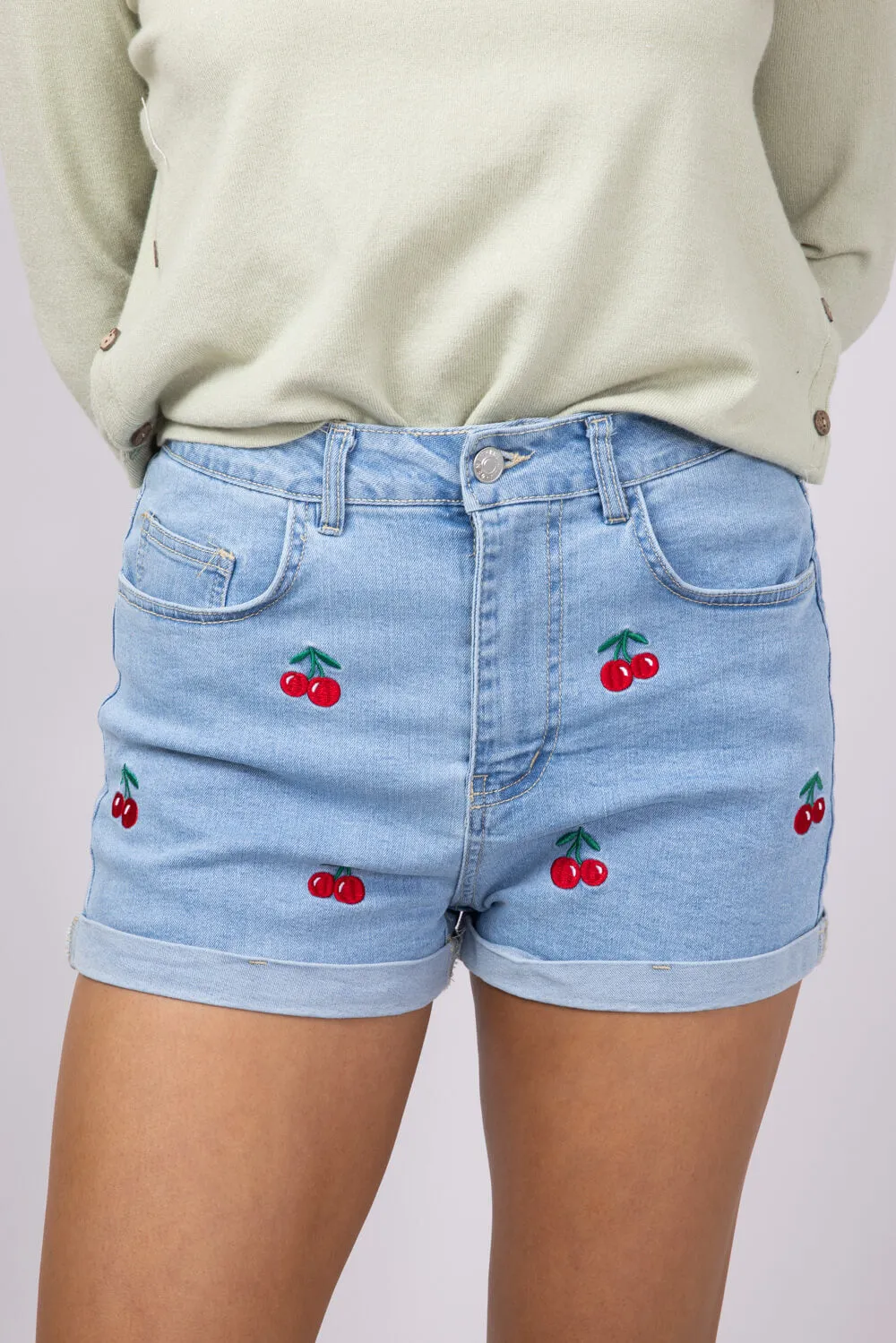 Love Tree Cherry Embroidered Denim Shorts for Women | 6975PN-BLUE