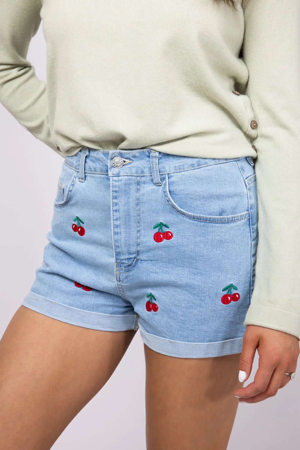 Love Tree Cherry Embroidered Denim Shorts for Women | 6975PN-BLUE