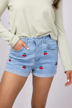 Love Tree Cherry Embroidered Denim Shorts for Women | 6975PN-BLUE