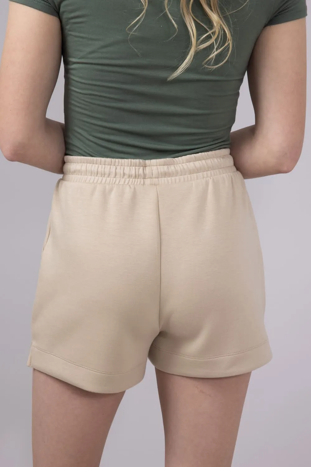 Love Tree Drawstring Scuba Knit Lounge Shorts for Women in Khaki | 6993PN-KHAKI