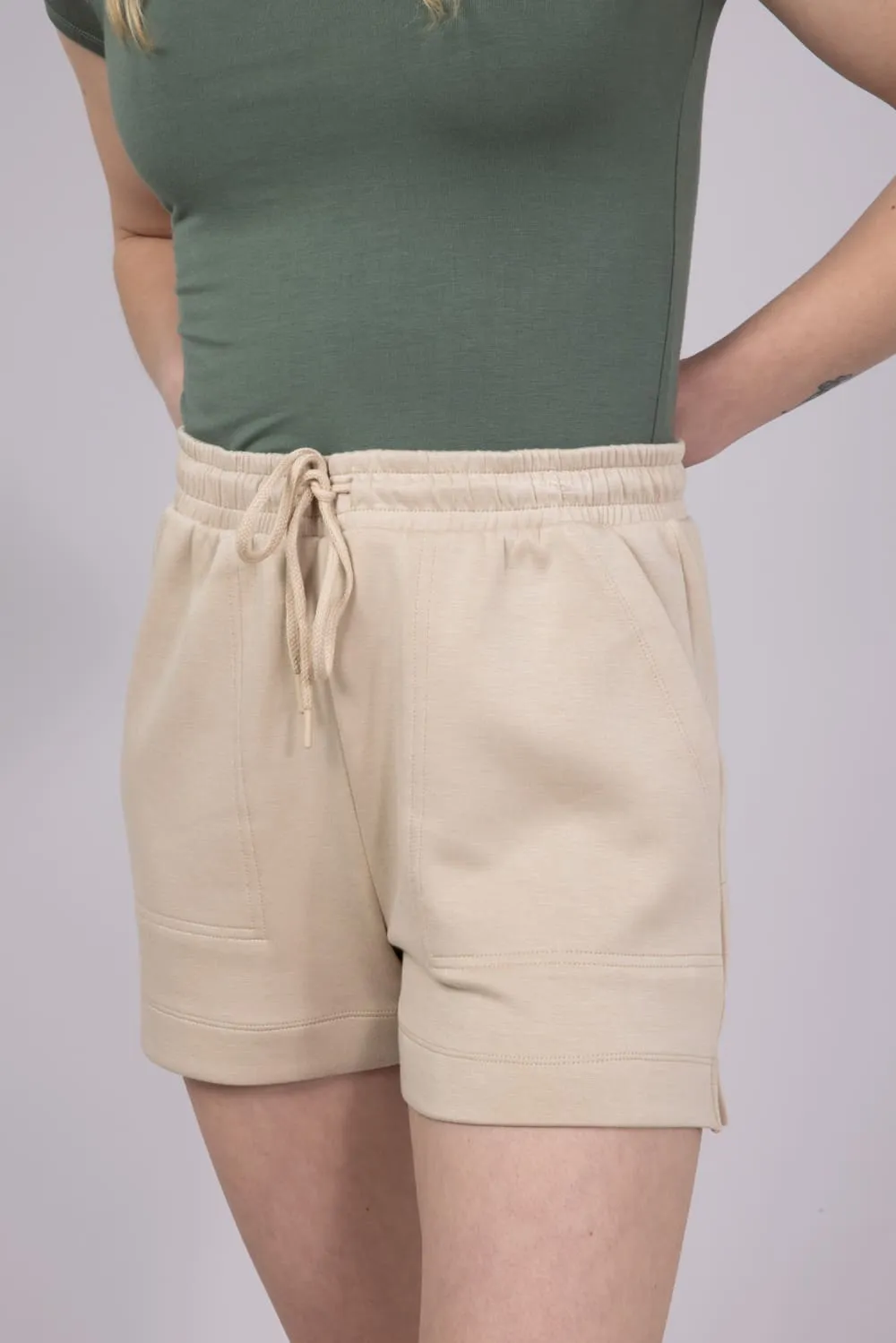 Love Tree Drawstring Scuba Knit Lounge Shorts for Women in Khaki | 6993PN-KHAKI