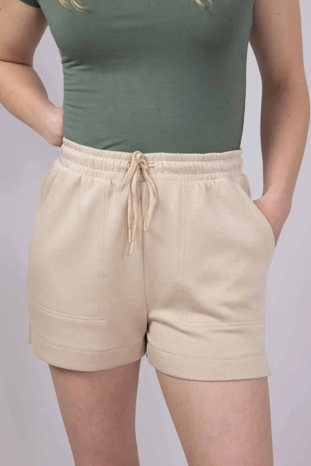 Love Tree Drawstring Scuba Knit Lounge Shorts for Women in Khaki | 6993PN-KHAKI