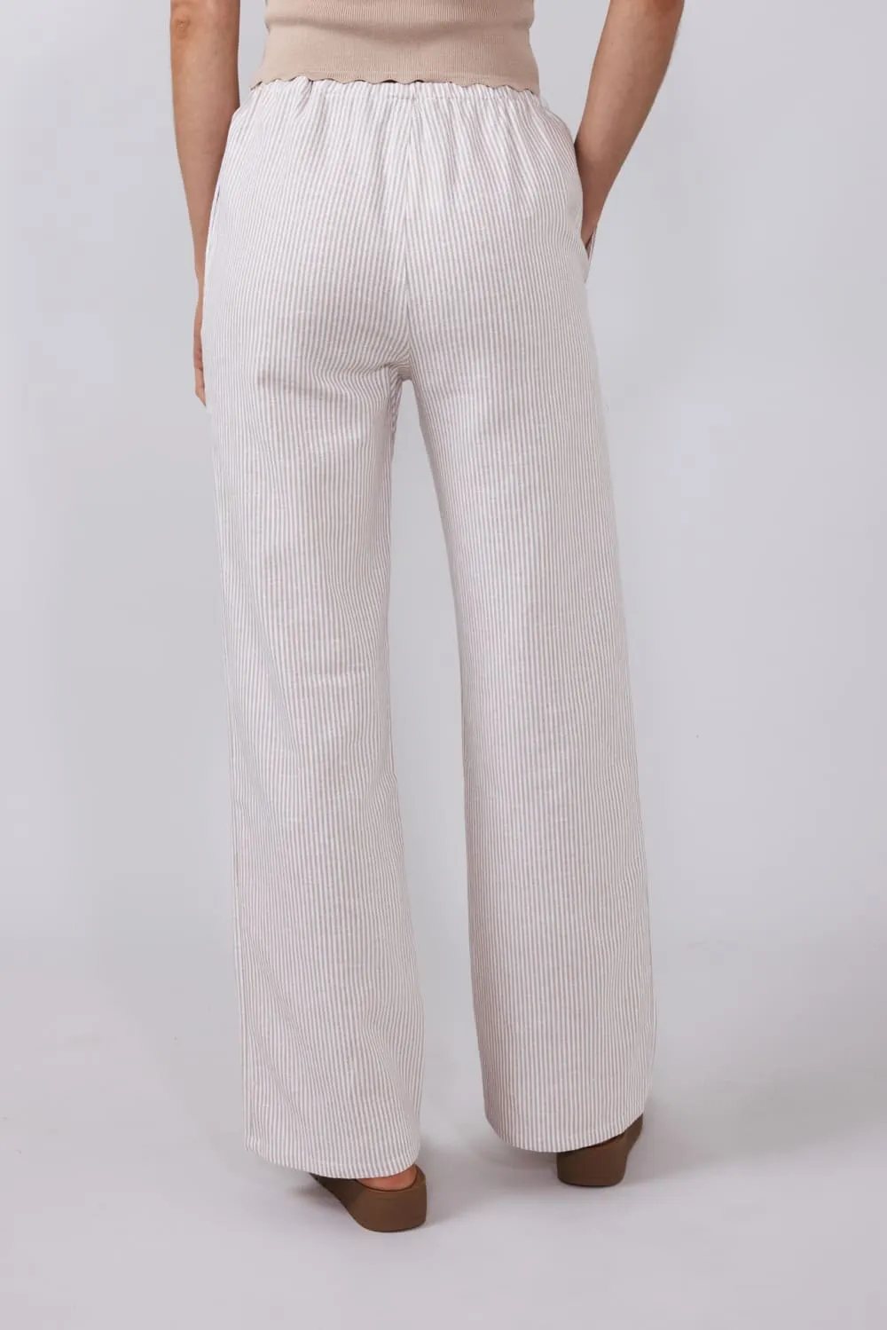 Love Tree Pinstripe Drawstring Linen Pants for Women in Khaki | 60024PN-KHAKI