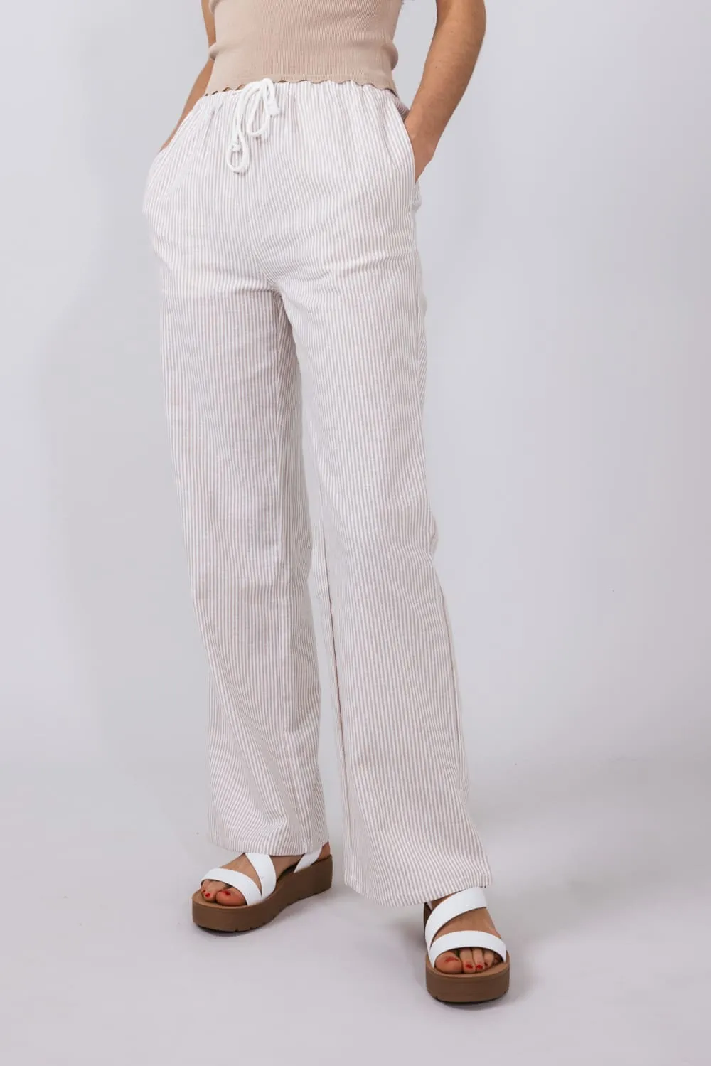 Love Tree Pinstripe Drawstring Linen Pants for Women in Khaki | 60024PN-KHAKI