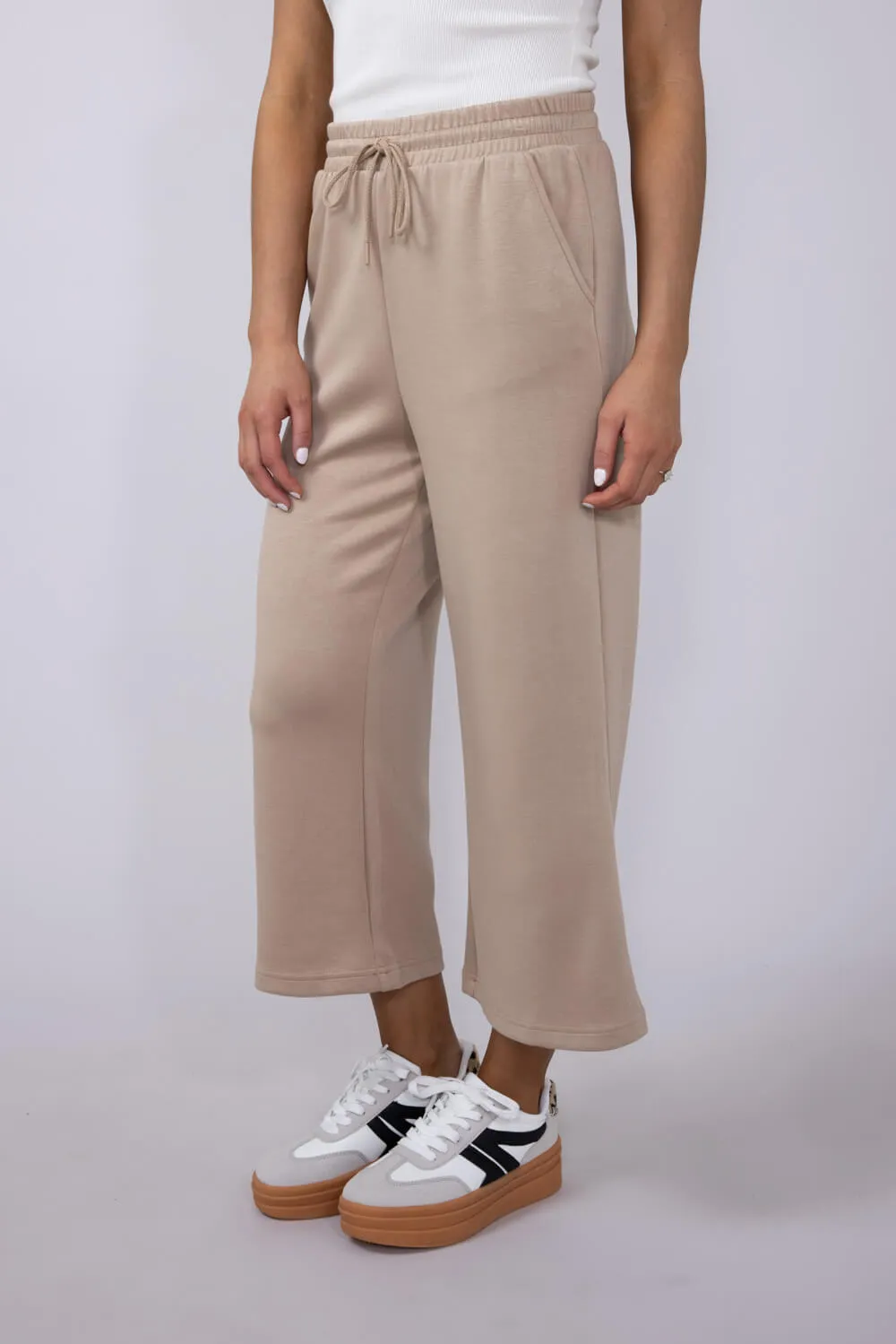 Love Tree Scuba Knit Cropped Wide Leg Lounge Pants for Women in Taupe | 6990PN-TAUPE